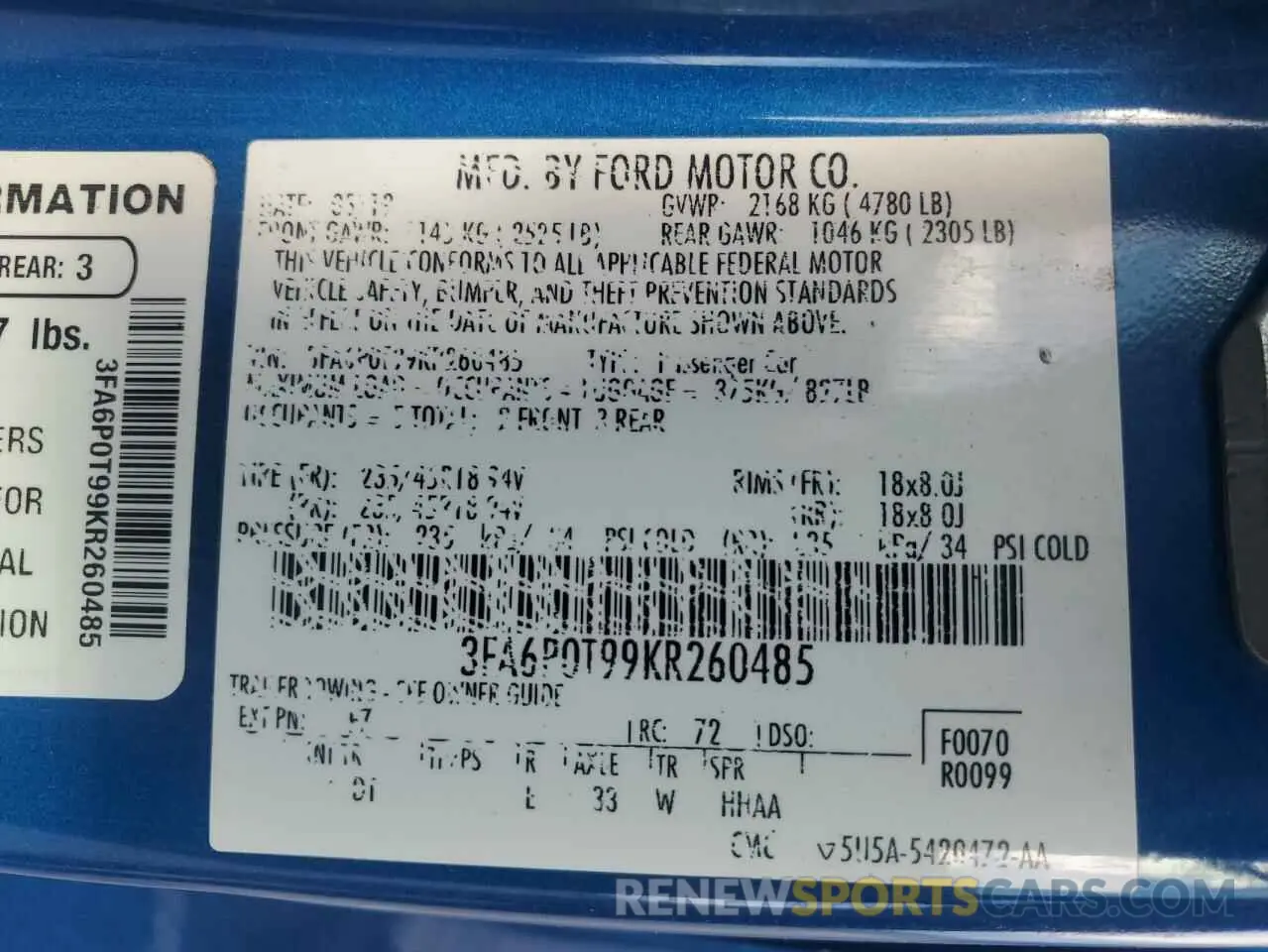 12 Photograph of a damaged car 3FA6P0T99KR260485 FORD FUSION 2019