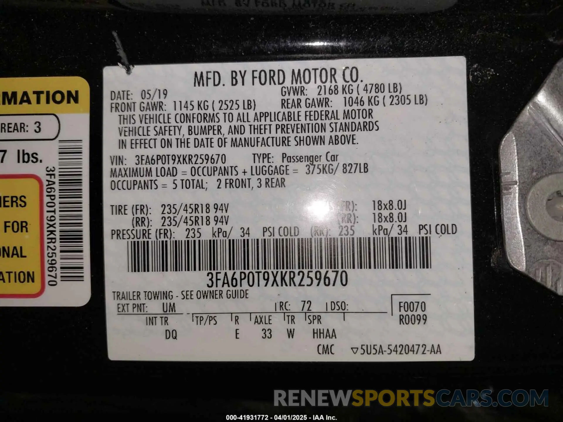 9 Photograph of a damaged car 3FA6P0T9XKR259670 FORD FUSION 2019