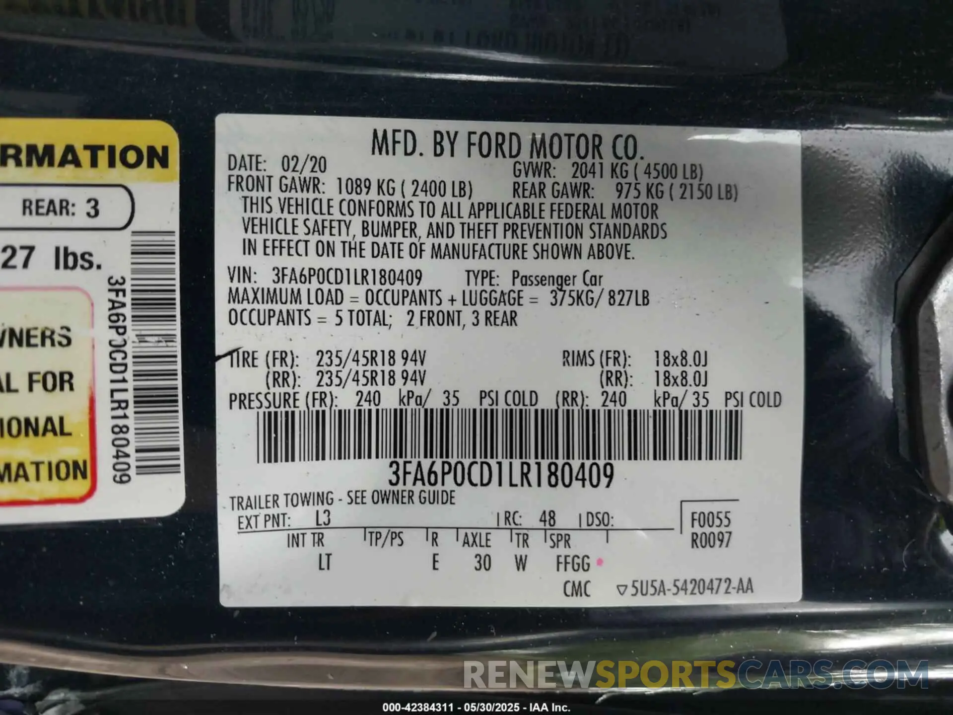 9 Photograph of a damaged car 3FA6P0CD1LR180409 FORD FUSION 2020