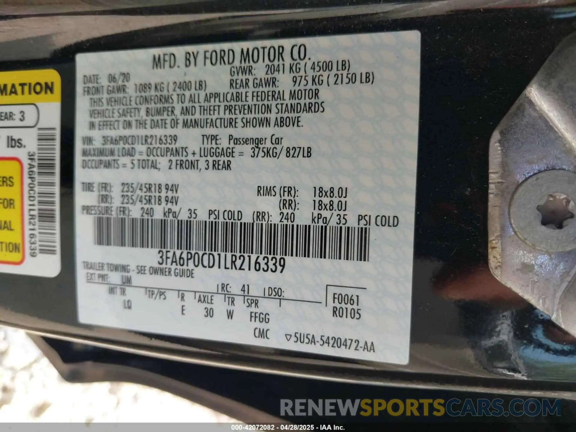 9 Photograph of a damaged car 3FA6P0CD1LR216339 FORD FUSION 2020