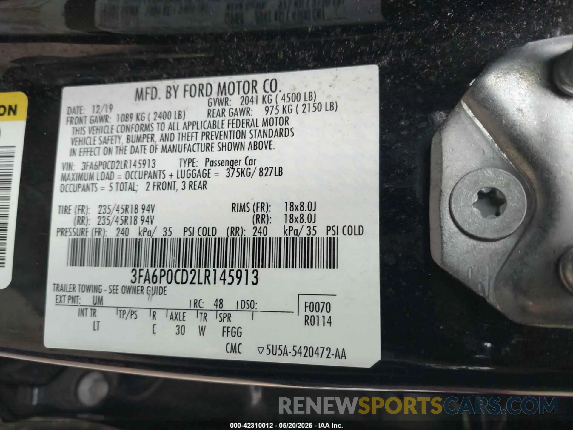9 Photograph of a damaged car 3FA6P0CD2LR145913 FORD FUSION 2020