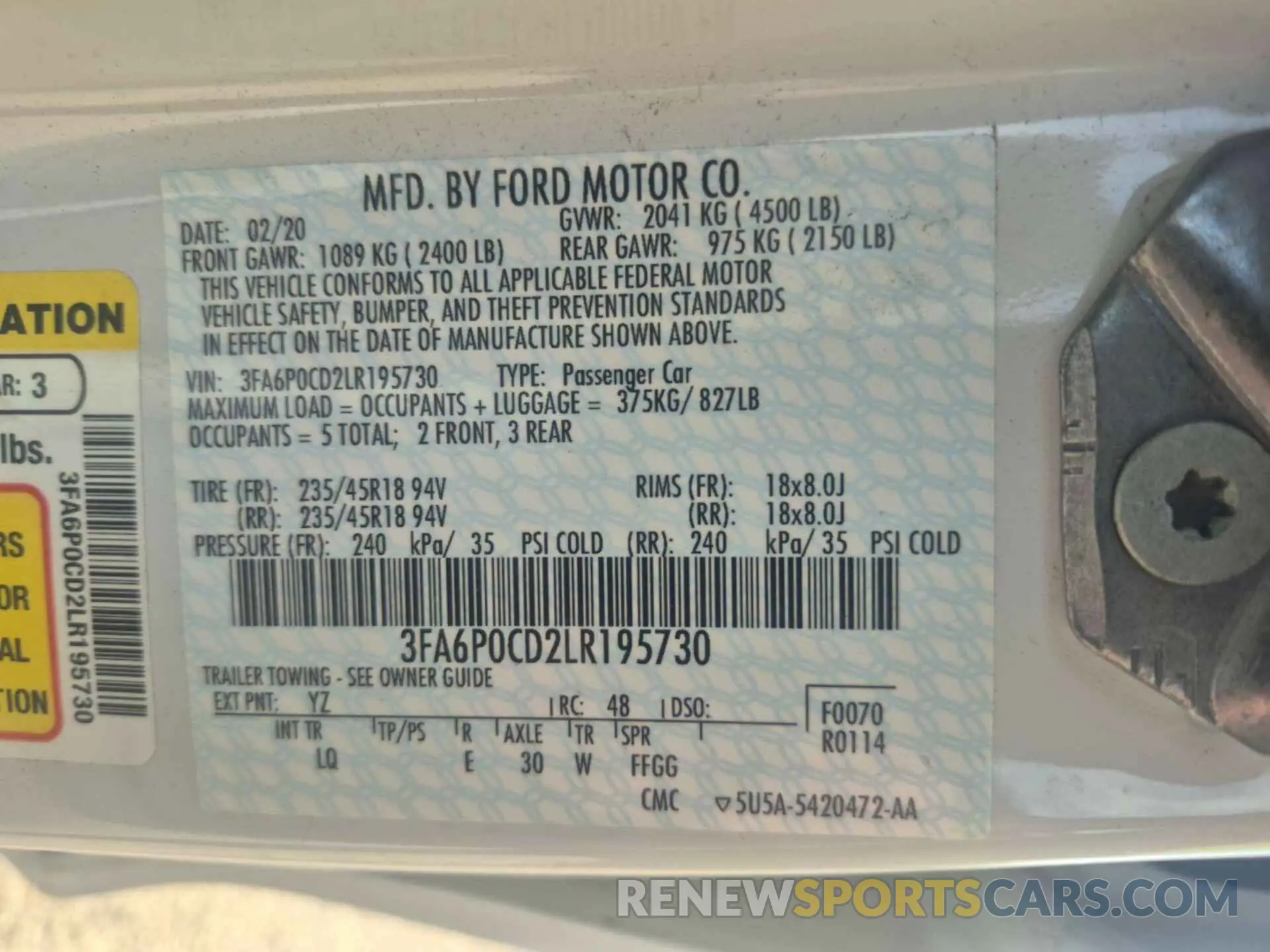 1 Photograph of a damaged car 3FA6P0CD2LR195730 FORD FUSION 2020