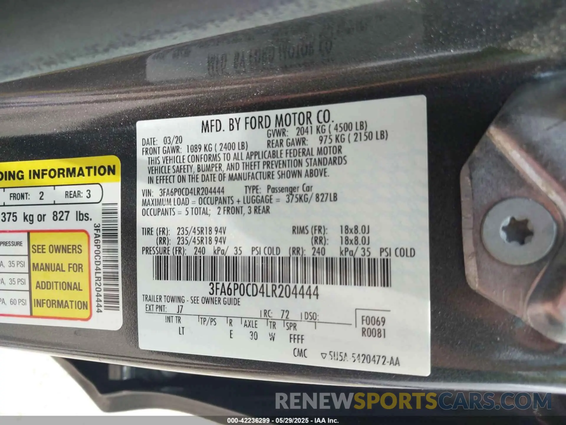 9 Photograph of a damaged car 3FA6P0CD4LR204444 FORD FUSION 2020