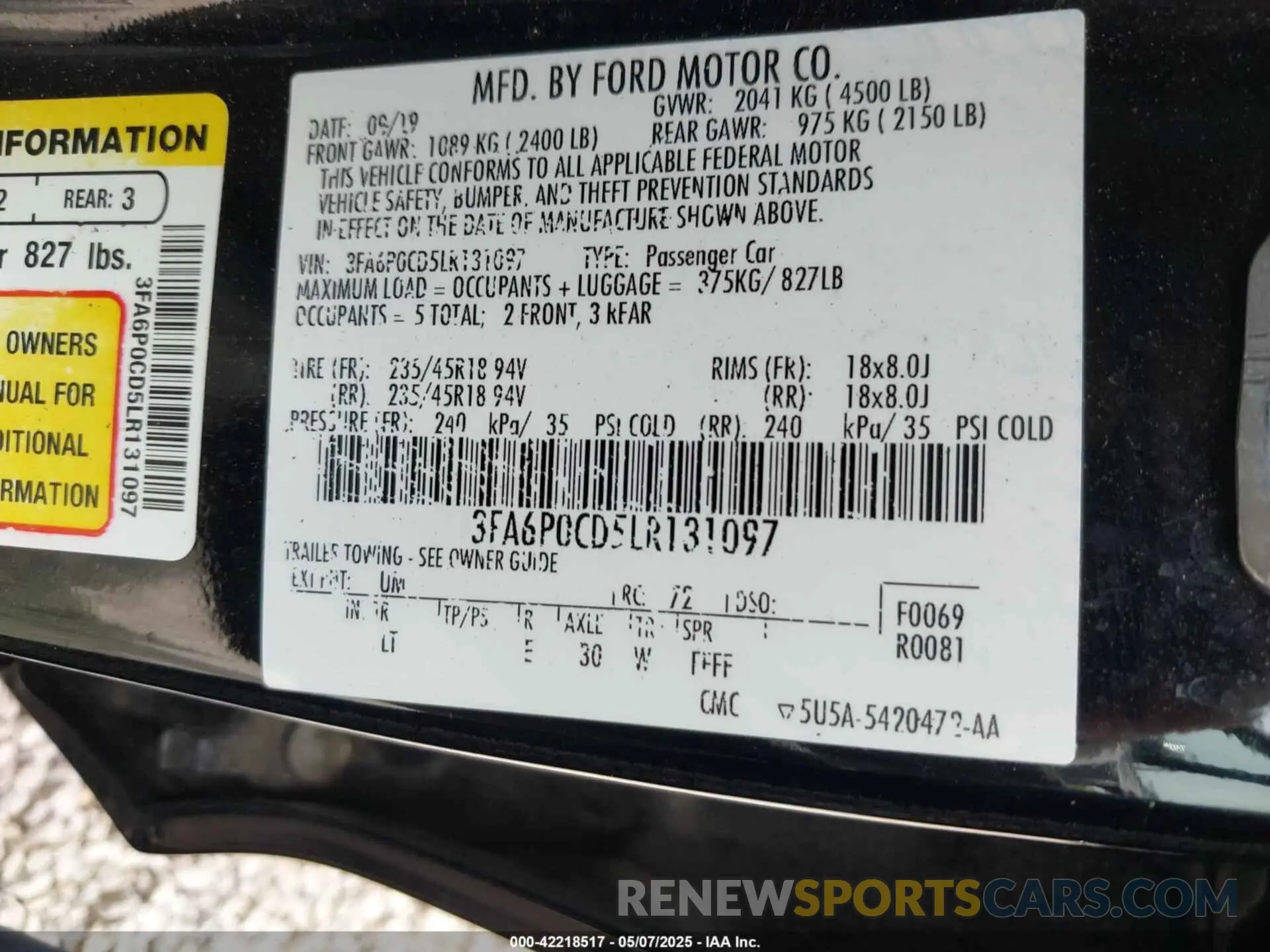 9 Photograph of a damaged car 3FA6P0CD5LR131097 FORD FUSION 2020