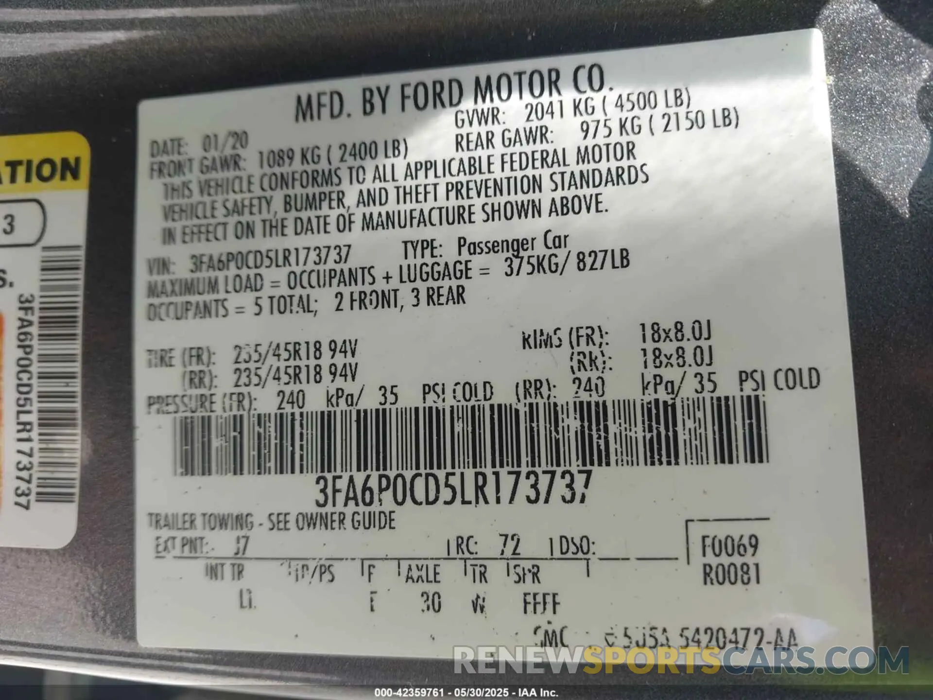 9 Photograph of a damaged car 3FA6P0CD5LR173737 FORD FUSION 2020
