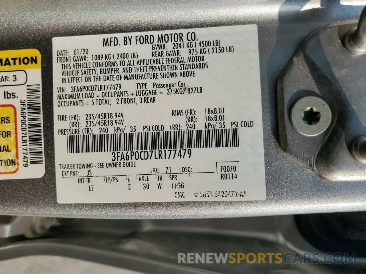 13 Photograph of a damaged car 3FA6P0CD7LR177479 FORD FUSION 2020