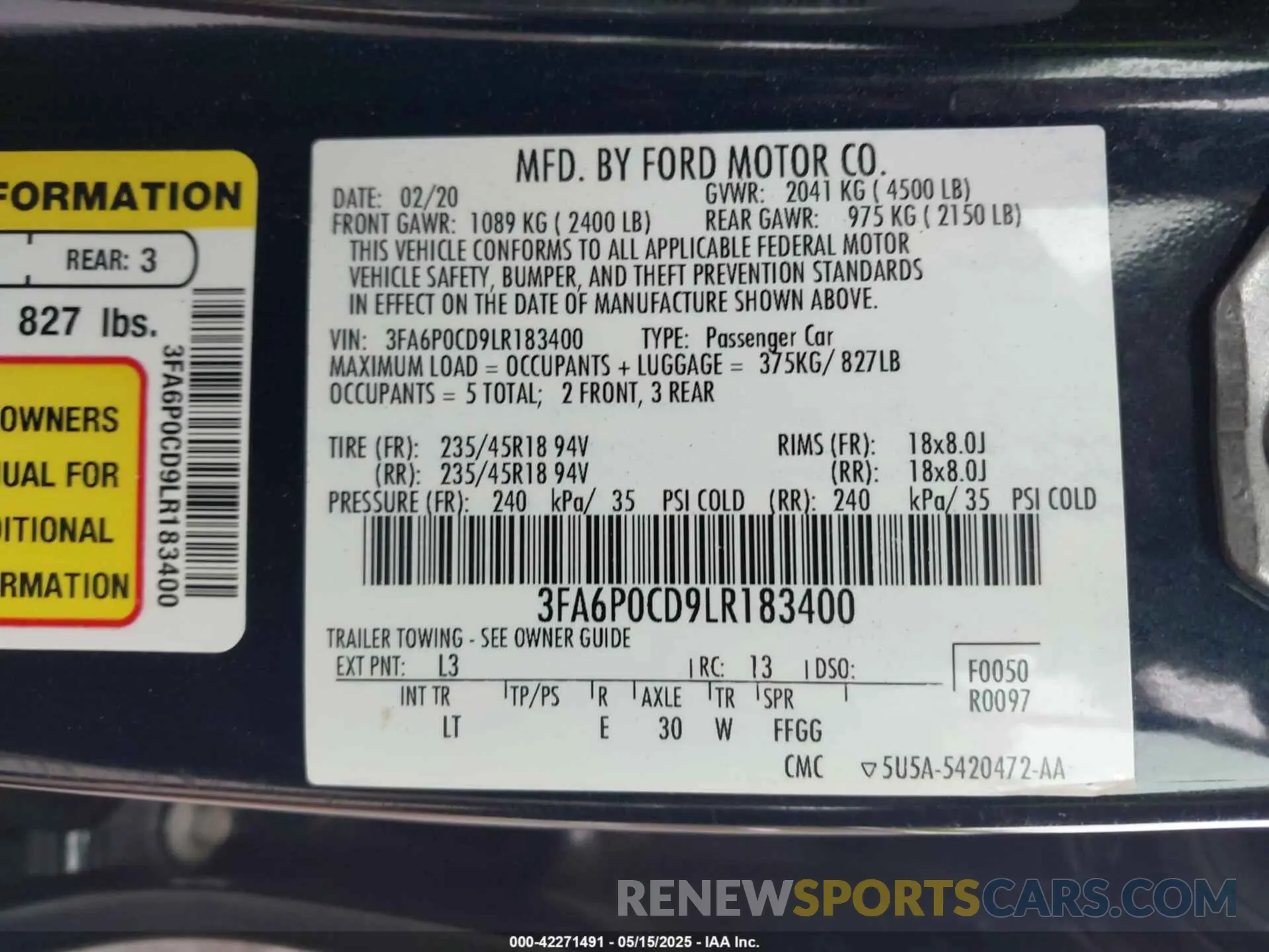 9 Photograph of a damaged car 3FA6P0CD9LR183400 FORD FUSION 2020