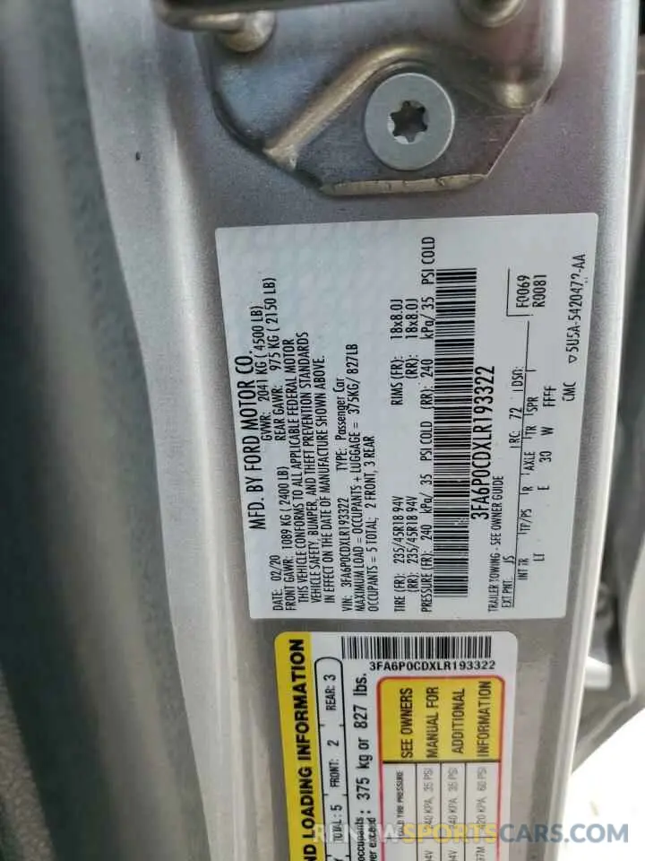 13 Photograph of a damaged car 3FA6P0CDXLR193322 FORD FUSION 2020