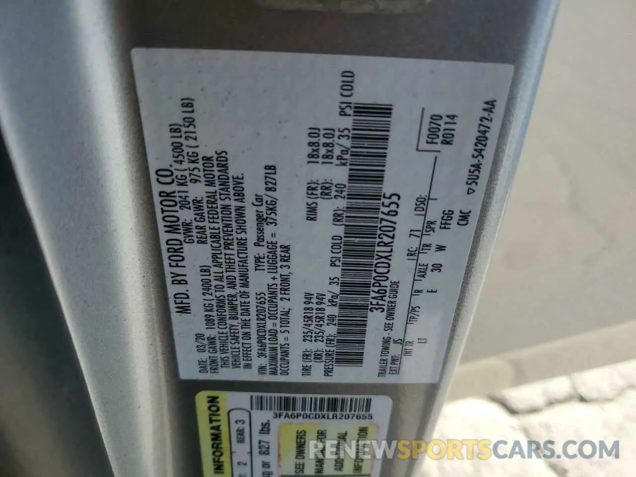 12 Photograph of a damaged car 3FA6P0CDXLR207655 FORD FUSION 2020