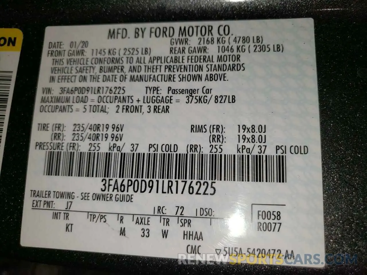 12 Photograph of a damaged car 3FA6P0D91LR176225 FORD FUSION 2020