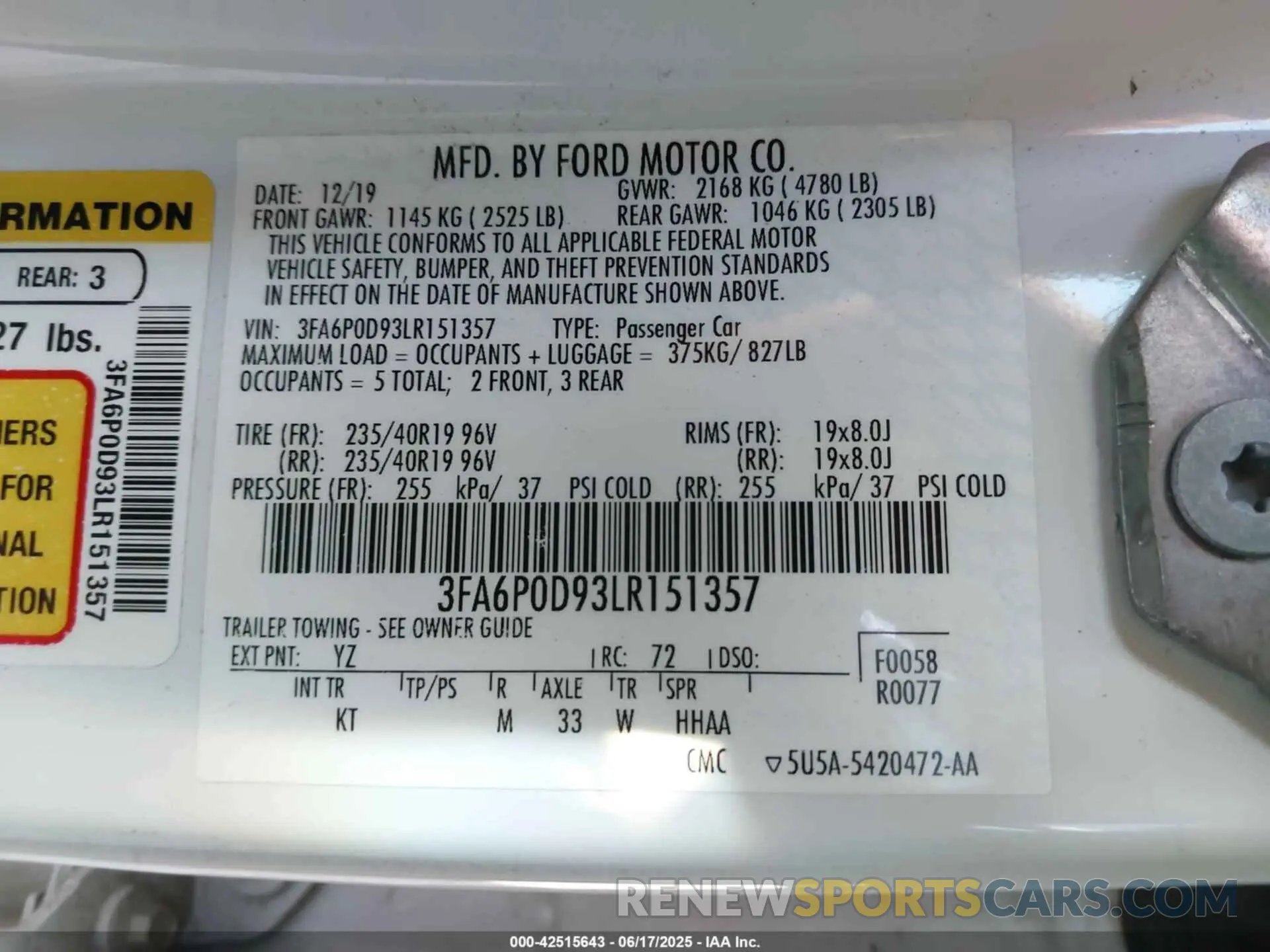 9 Photograph of a damaged car 3FA6P0D93LR151357 FORD FUSION 2020