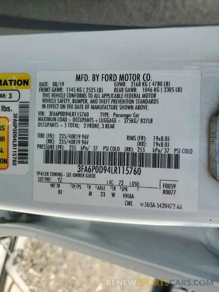 12 Photograph of a damaged car 3FA6P0D94LR115760 FORD FUSION 2020