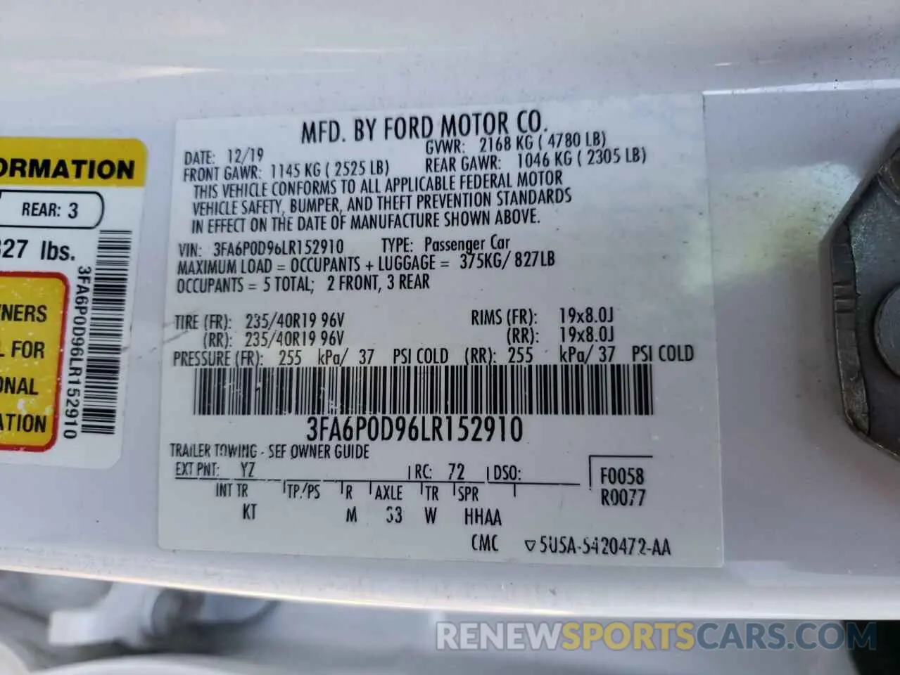 12 Photograph of a damaged car 3FA6P0D96LR152910 FORD FUSION 2020