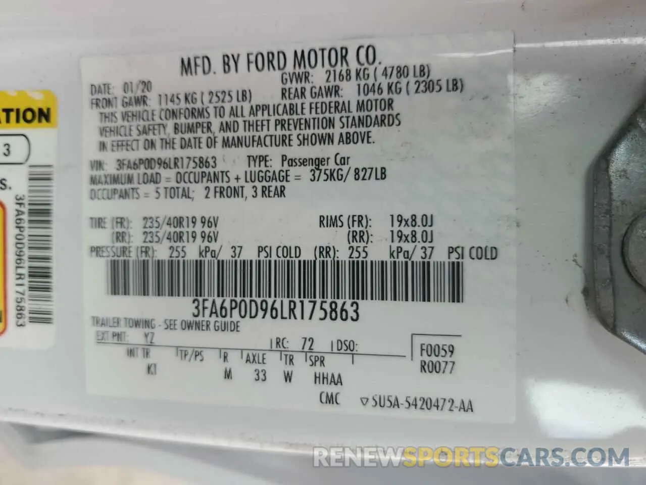 12 Photograph of a damaged car 3FA6P0D96LR175863 FORD FUSION 2020