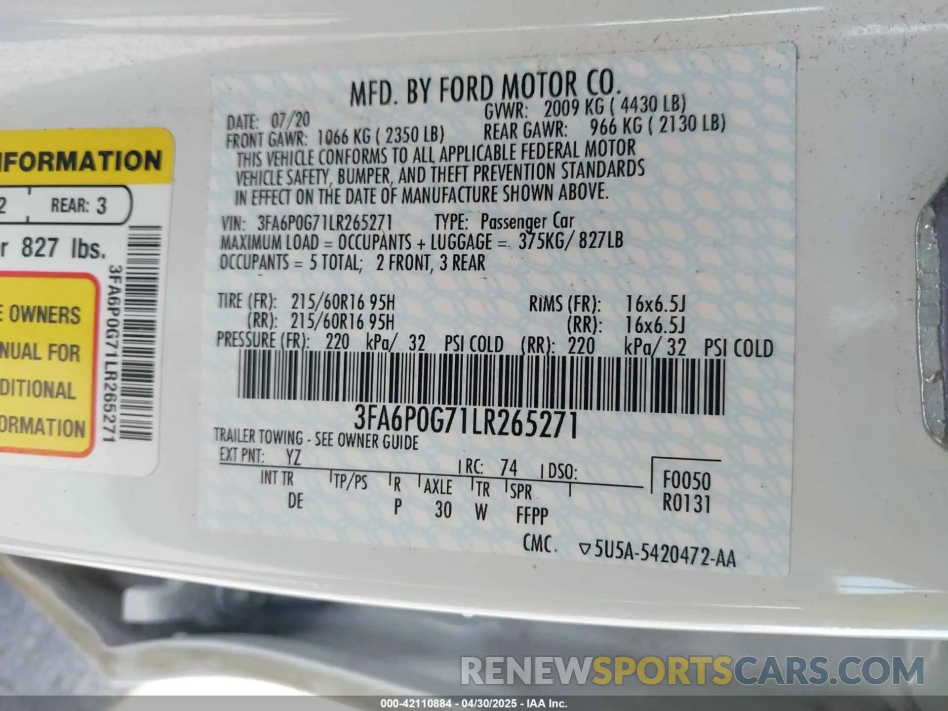 9 Photograph of a damaged car 3FA6P0G71LR265271 FORD FUSION 2020
