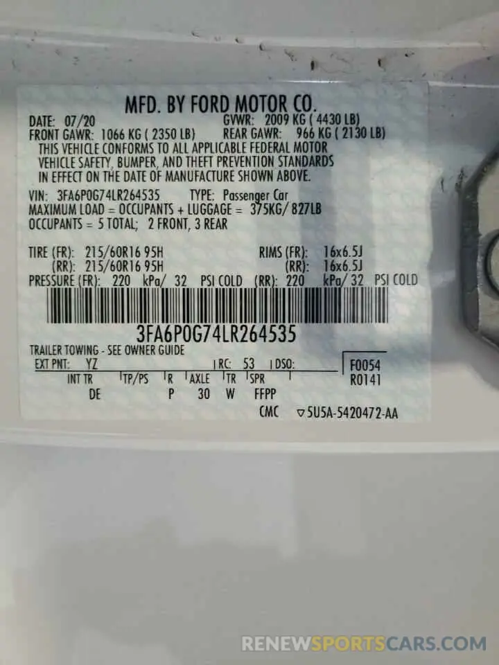 12 Photograph of a damaged car 3FA6P0G74LR264535 FORD FUSION 2020