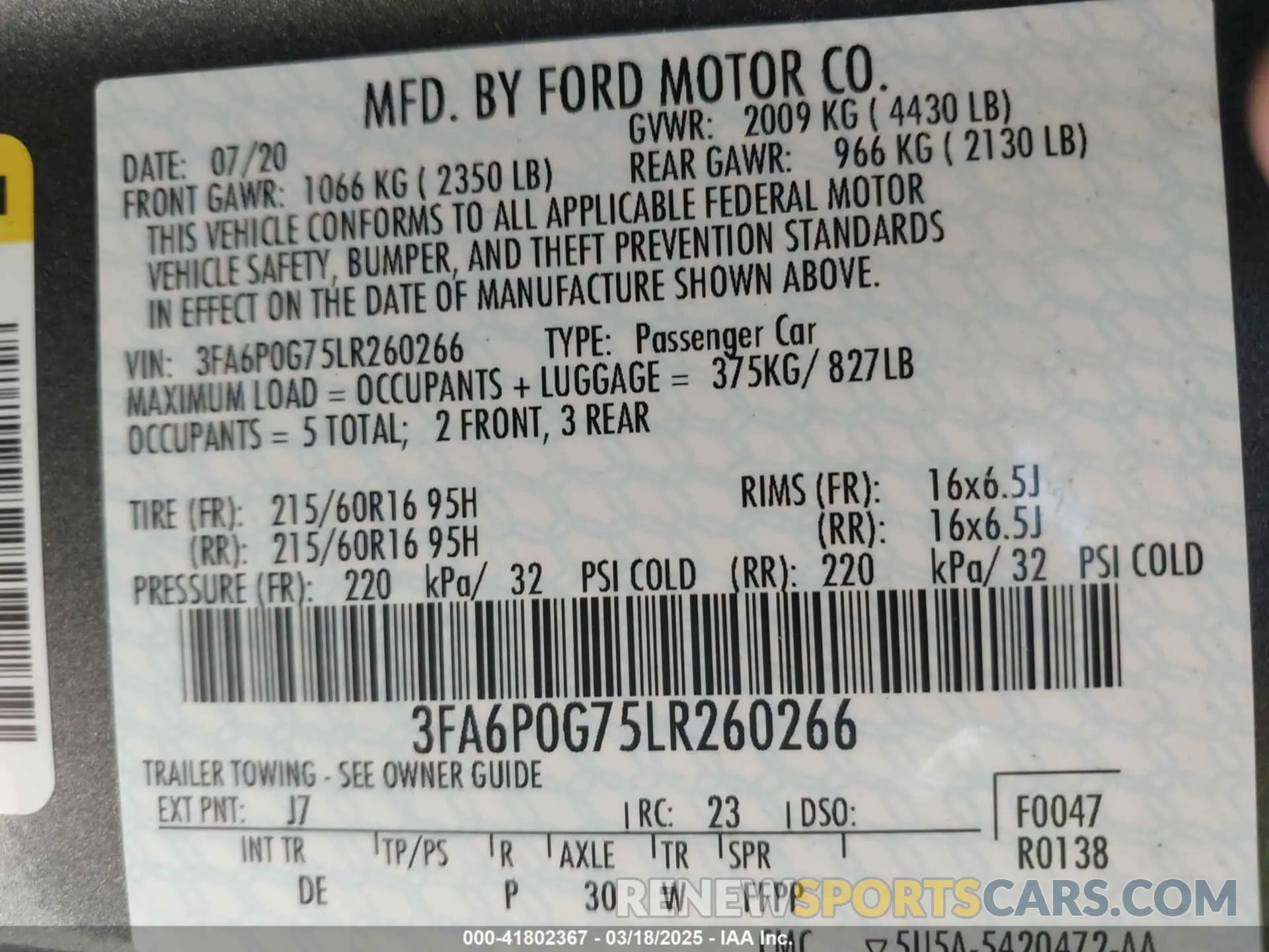 9 Photograph of a damaged car 3FA6P0G75LR260266 FORD FUSION 2020