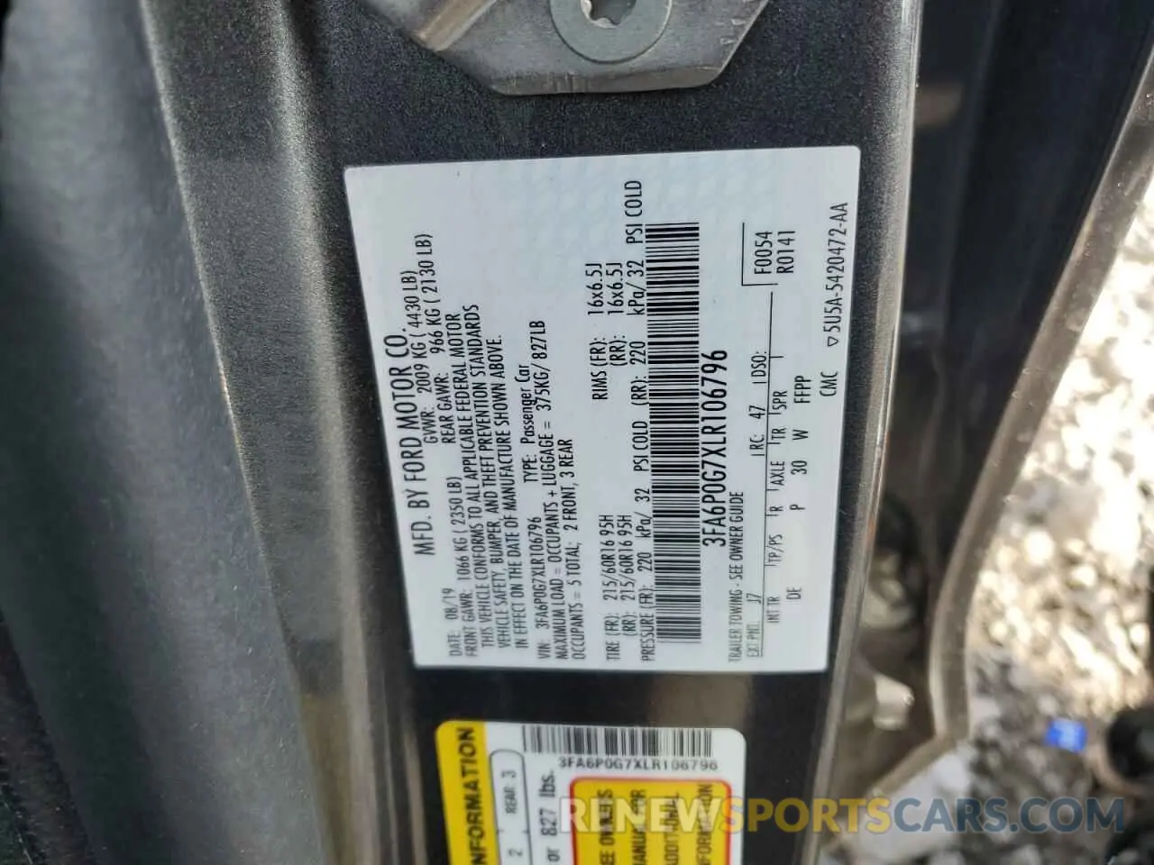 13 Photograph of a damaged car 3FA6P0G7XLR106796 FORD FUSION 2020