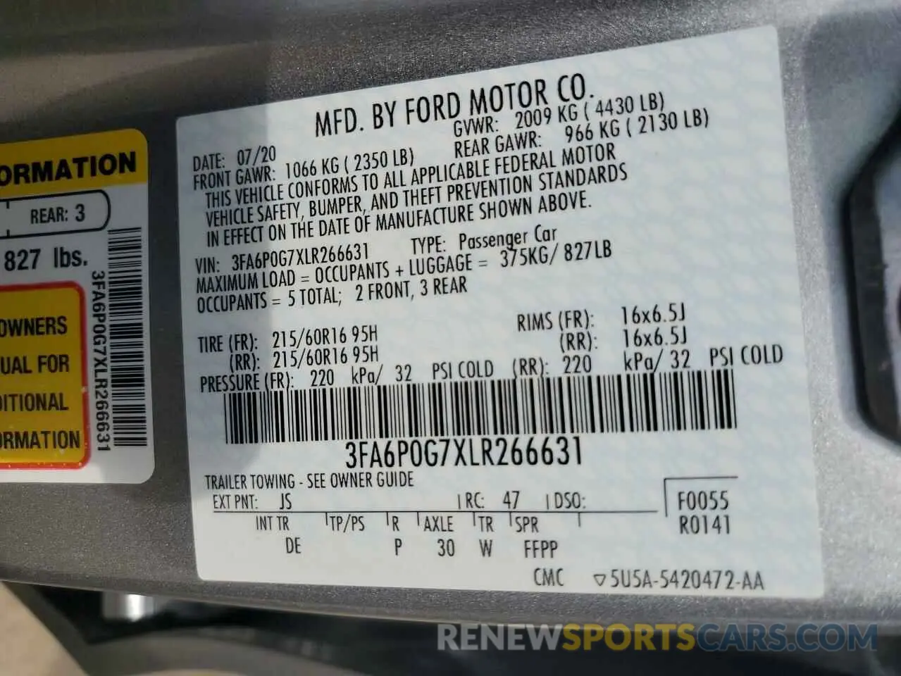 13 Photograph of a damaged car 3FA6P0G7XLR266631 FORD FUSION 2020