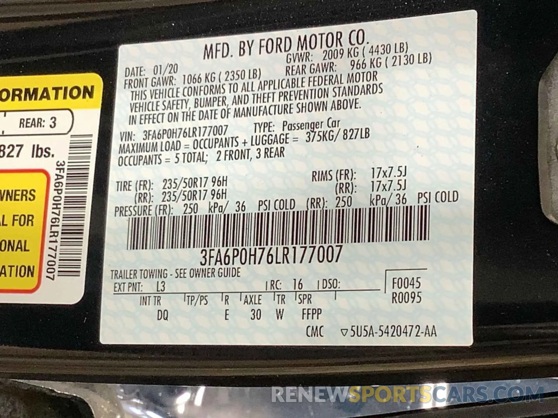 3 Photograph of a damaged car 3FA6P0H76LR177007 FORD FUSION 2020