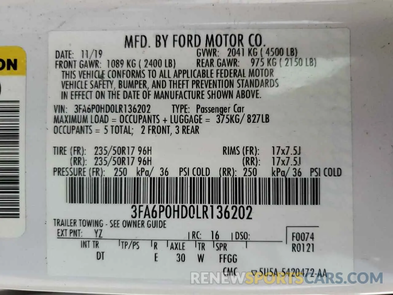 13 Photograph of a damaged car 3FA6P0HD0LR136202 FORD FUSION 2020