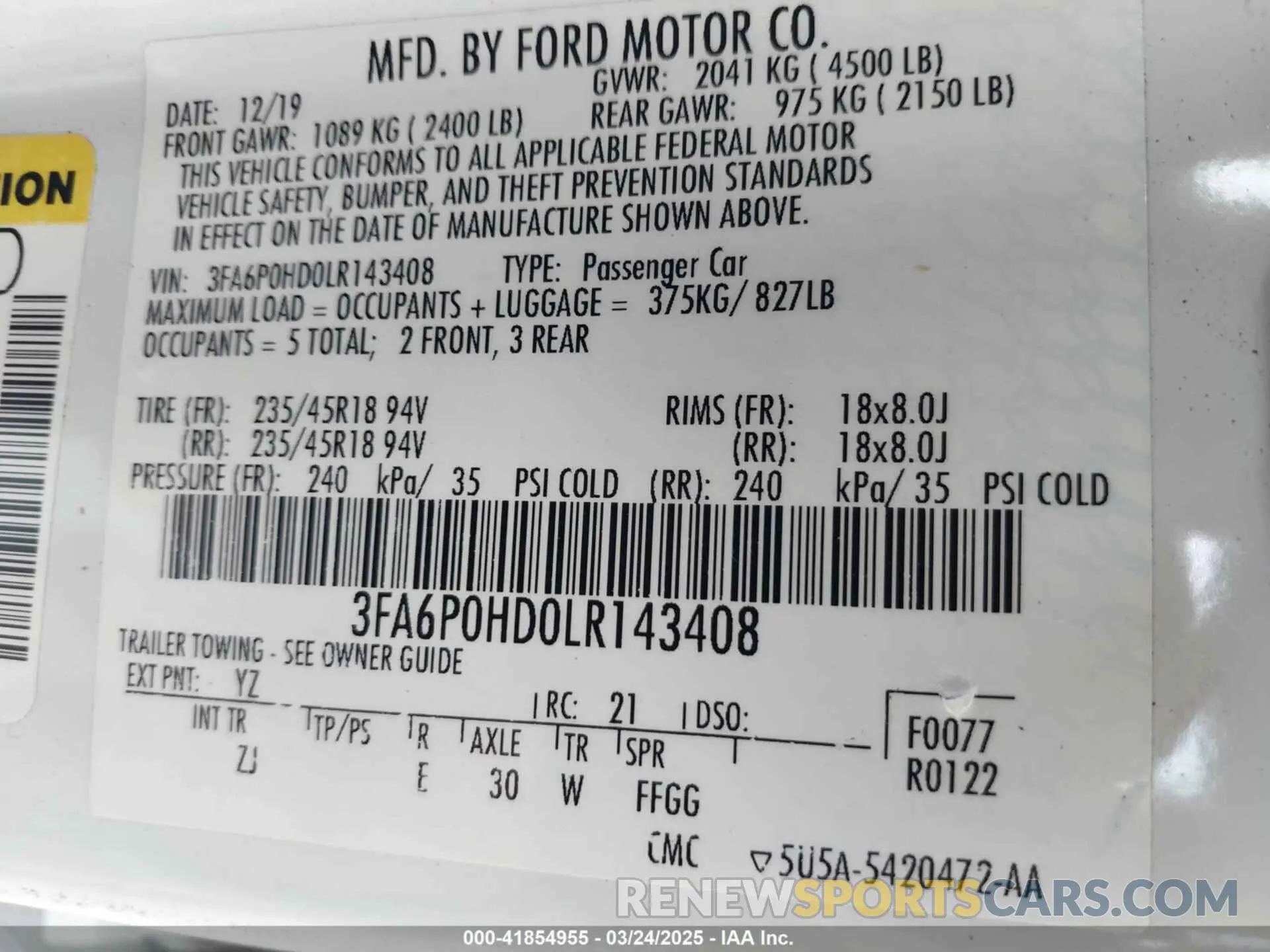 9 Photograph of a damaged car 3FA6P0HD0LR143408 FORD FUSION 2020