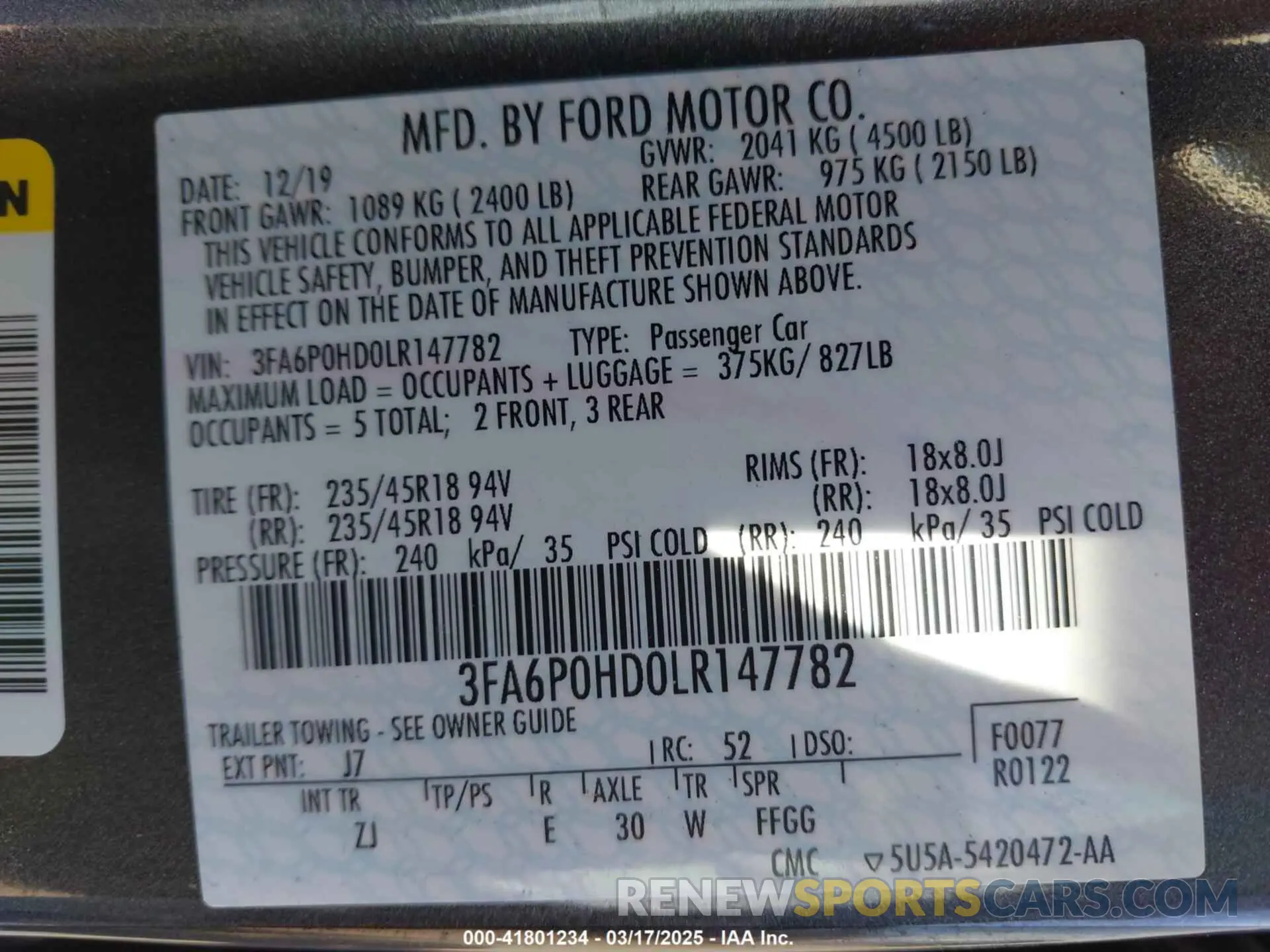 9 Photograph of a damaged car 3FA6P0HD0LR147782 FORD FUSION 2020