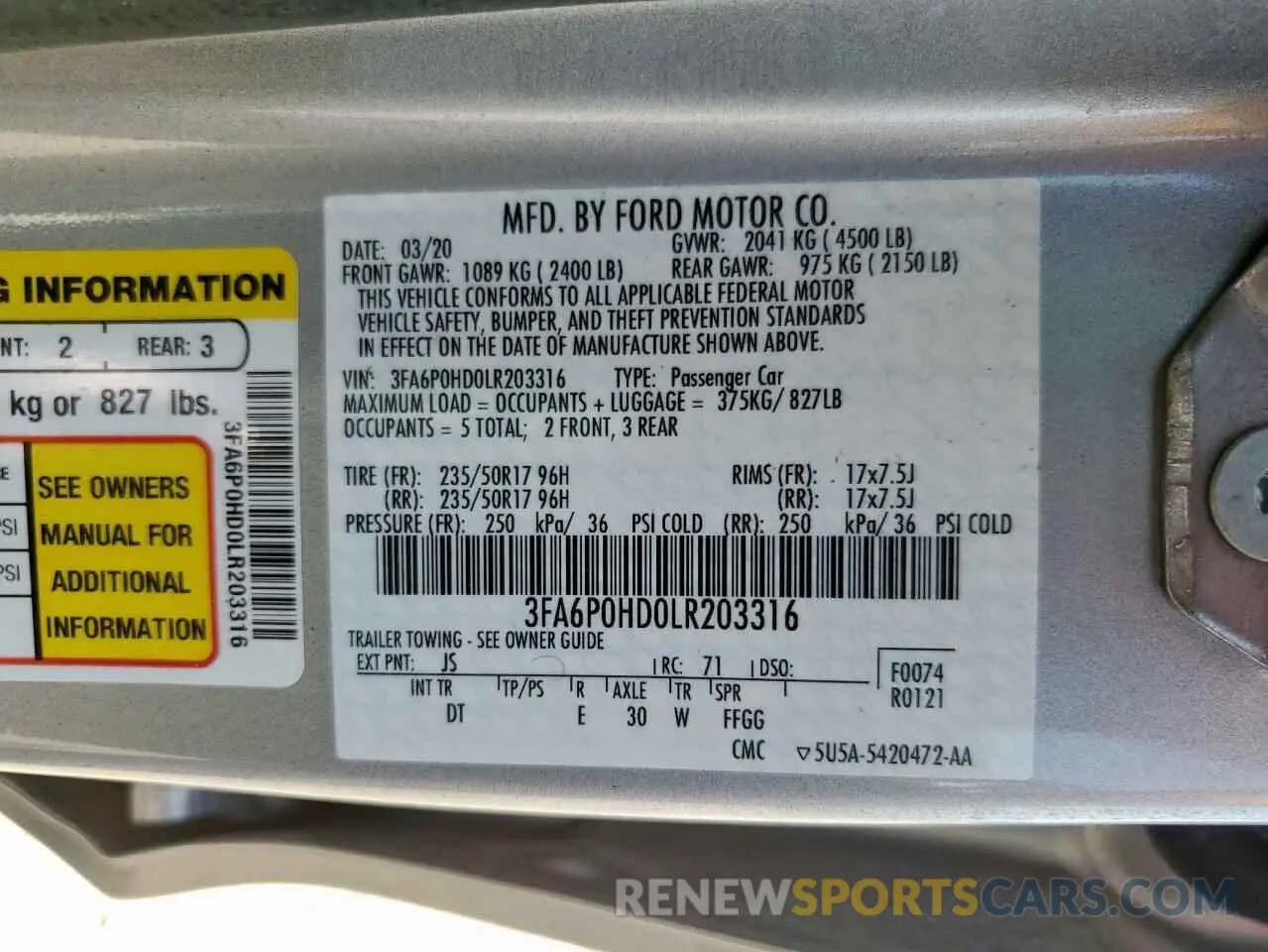 13 Photograph of a damaged car 3FA6P0HD0LR203316 FORD FUSION 2020