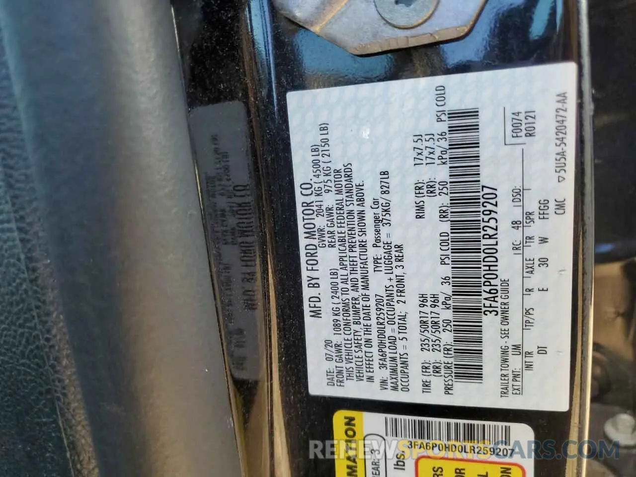 12 Photograph of a damaged car 3FA6P0HD0LR259207 FORD FUSION 2020