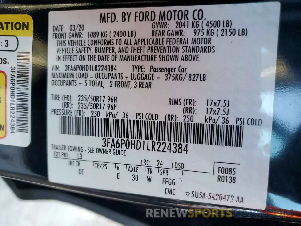 12 Photograph of a damaged car 3FA6P0HD1LR224384 FORD FUSION 2020