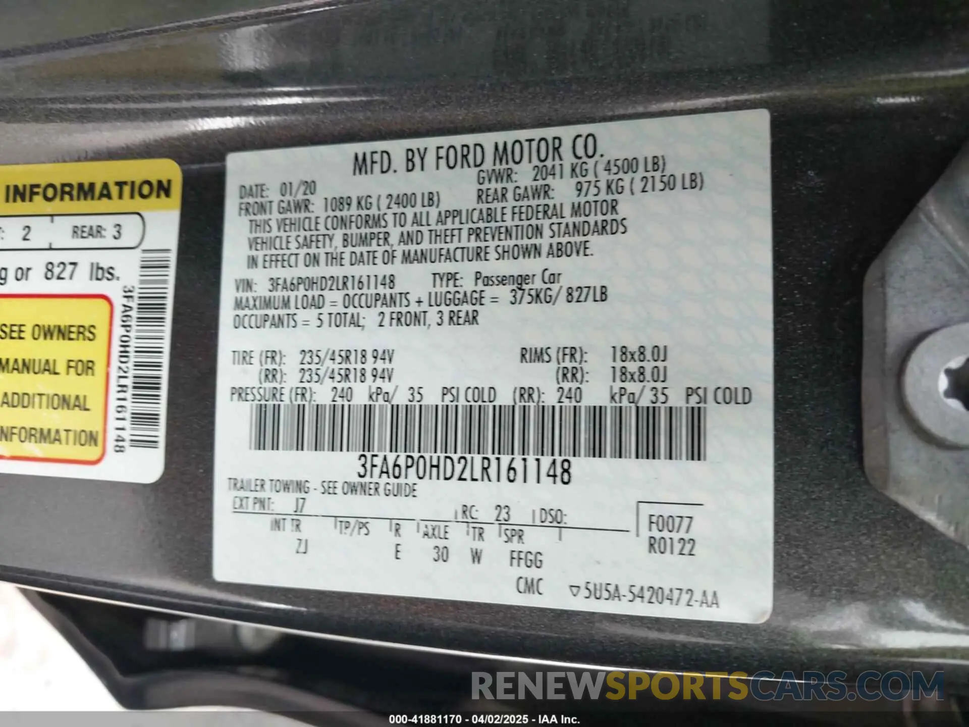 9 Photograph of a damaged car 3FA6P0HD2LR161148 FORD FUSION 2020