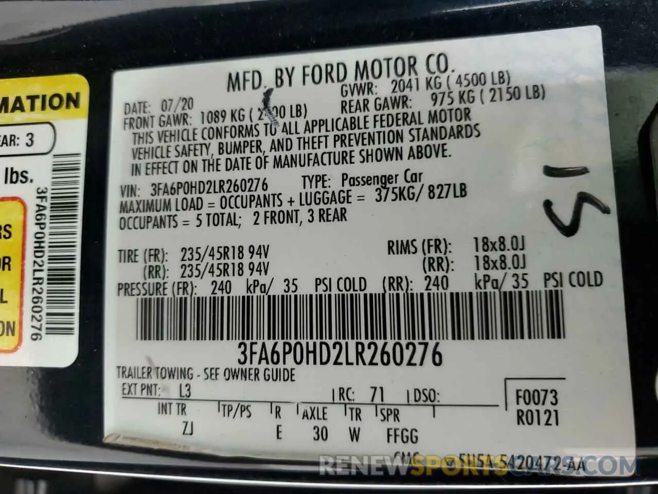 12 Photograph of a damaged car 3FA6P0HD2LR260276 FORD FUSION 2020