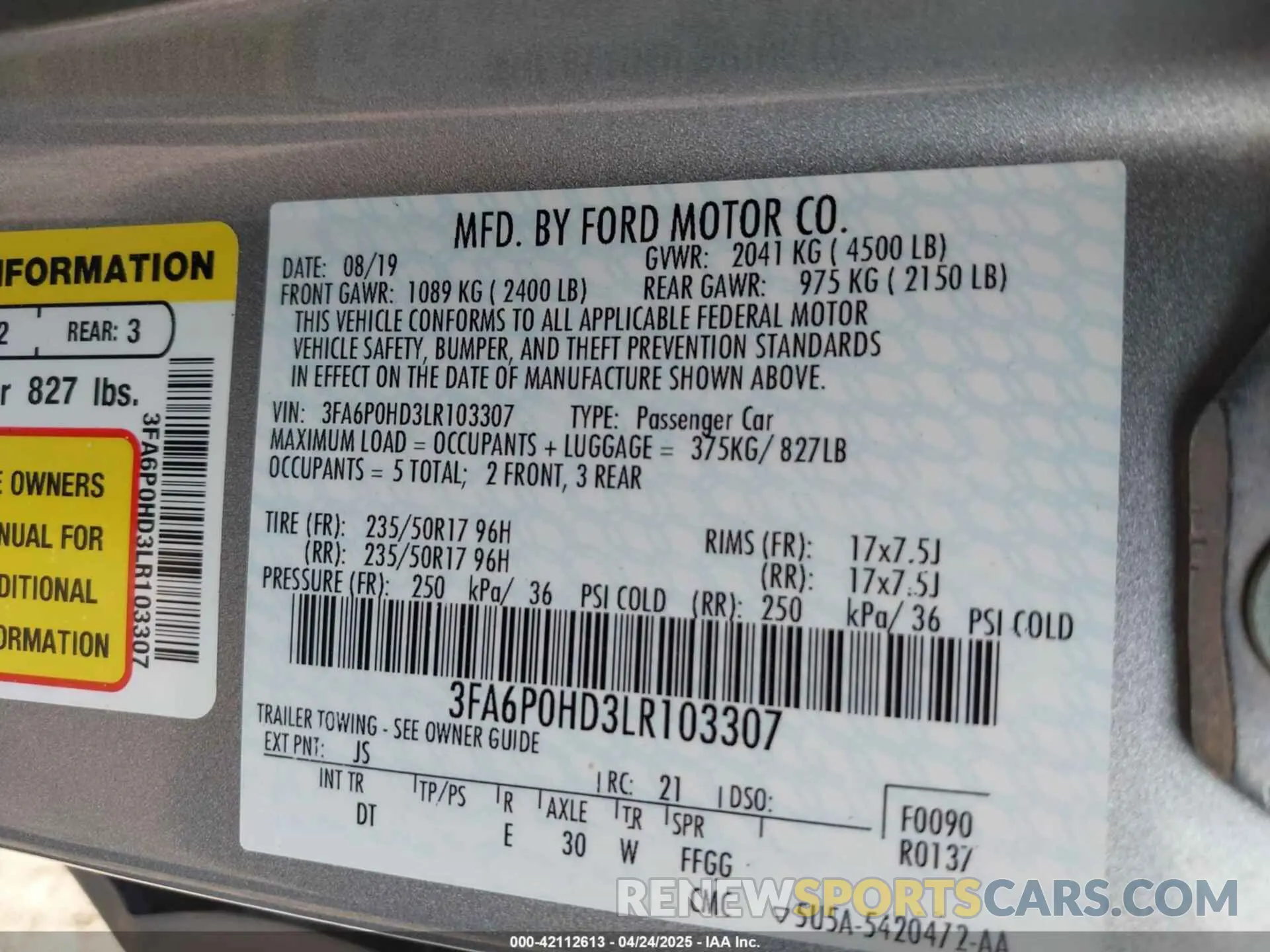 9 Photograph of a damaged car 3FA6P0HD3LR103307 FORD FUSION 2020