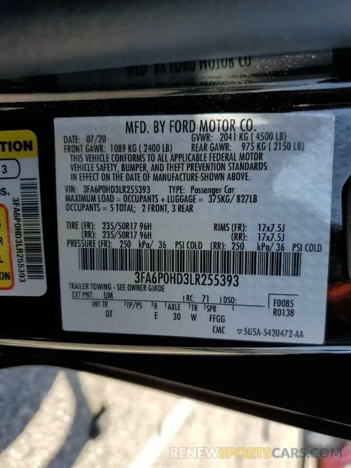 14 Photograph of a damaged car 3FA6P0HD3LR255393 FORD FUSION 2020