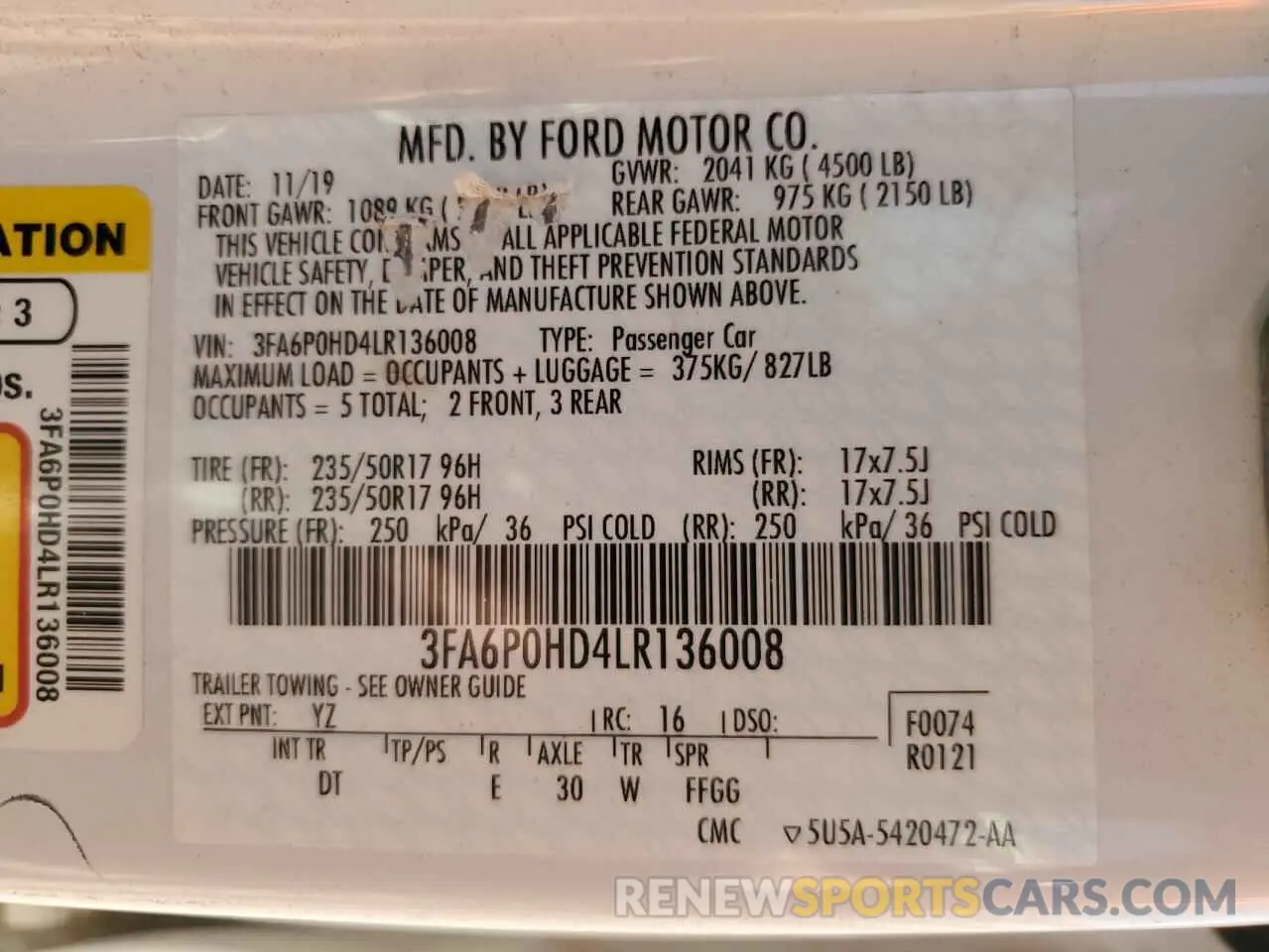 12 Photograph of a damaged car 3FA6P0HD4LR136008 FORD FUSION 2020