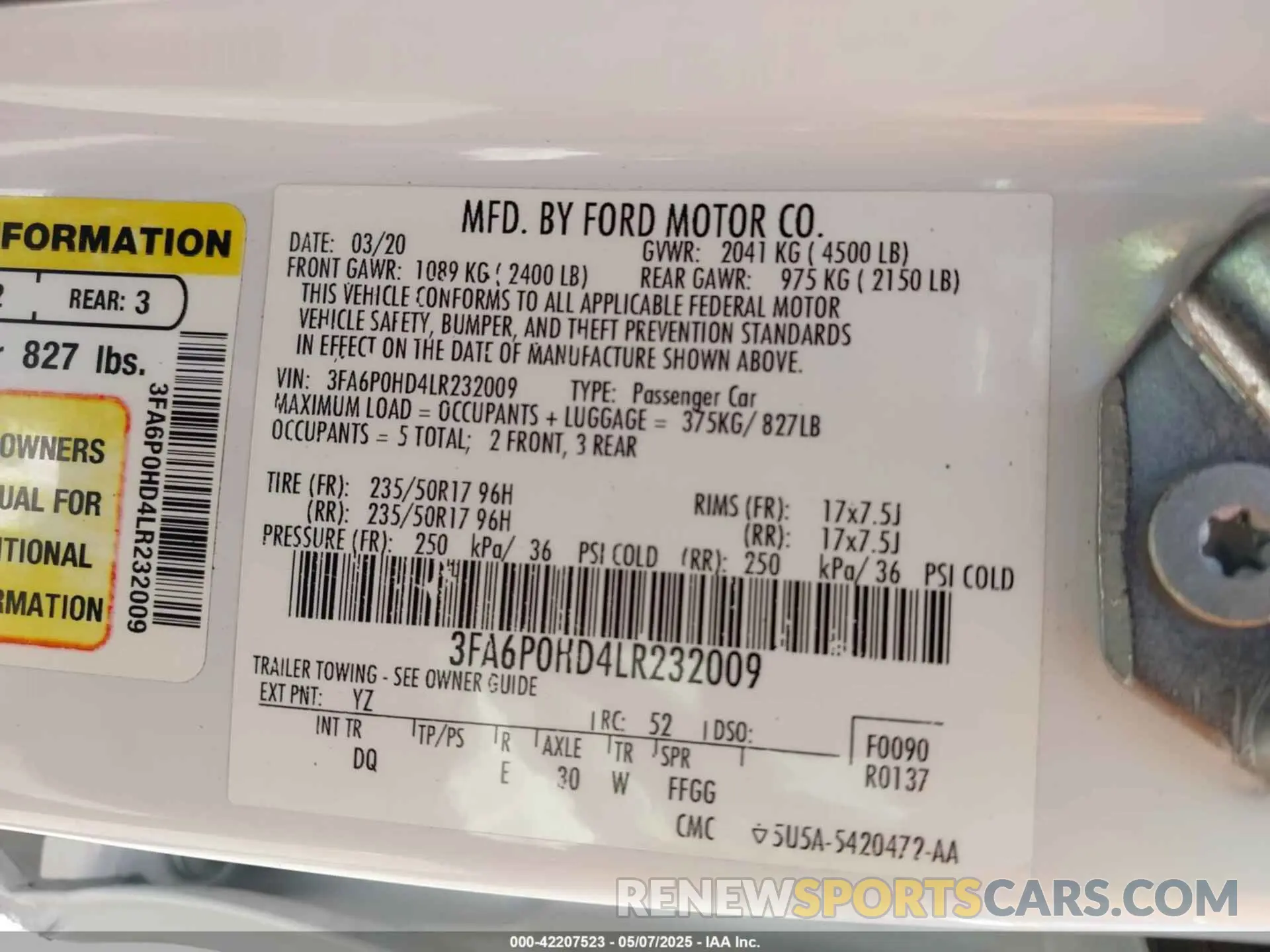 9 Photograph of a damaged car 3FA6P0HD4LR232009 FORD FUSION 2020