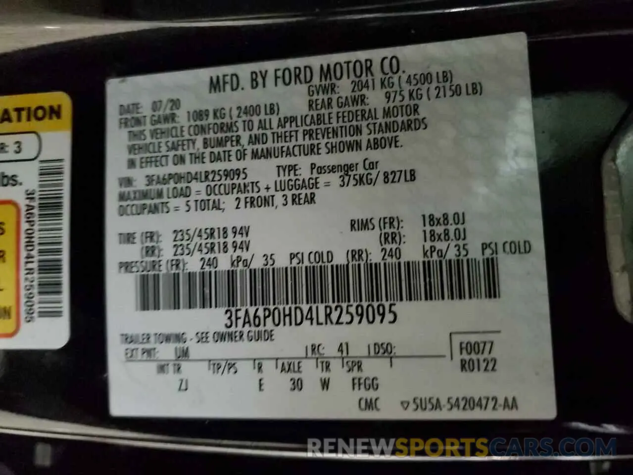 12 Photograph of a damaged car 3FA6P0HD4LR259095 FORD FUSION 2020