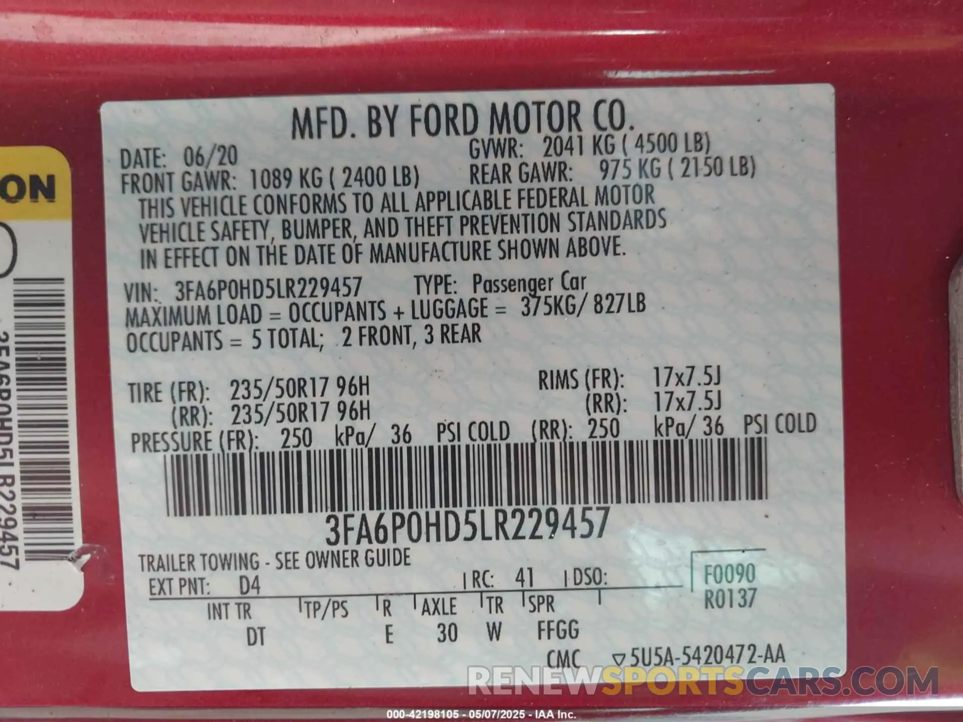 9 Photograph of a damaged car 3FA6P0HD5LR229457 FORD FUSION 2020