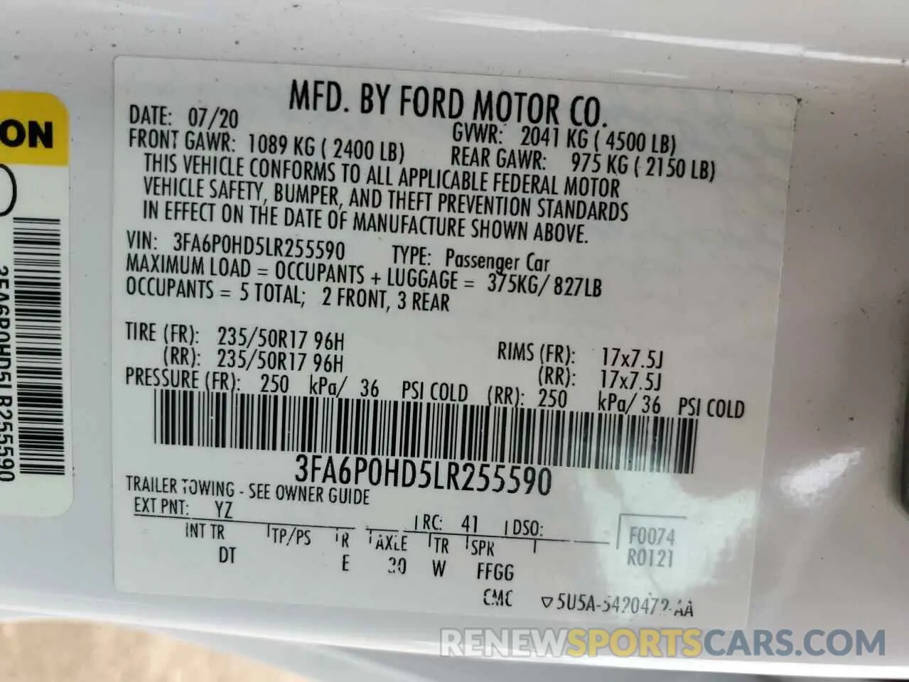 12 Photograph of a damaged car 3FA6P0HD5LR255590 FORD FUSION 2020