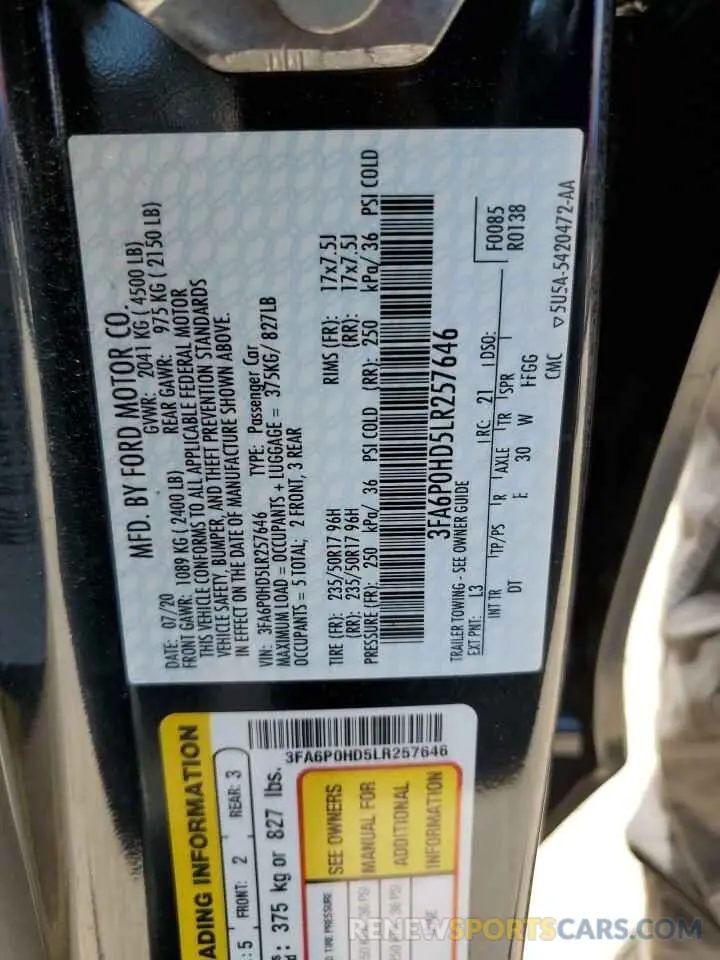 12 Photograph of a damaged car 3FA6P0HD5LR257646 FORD FUSION 2020