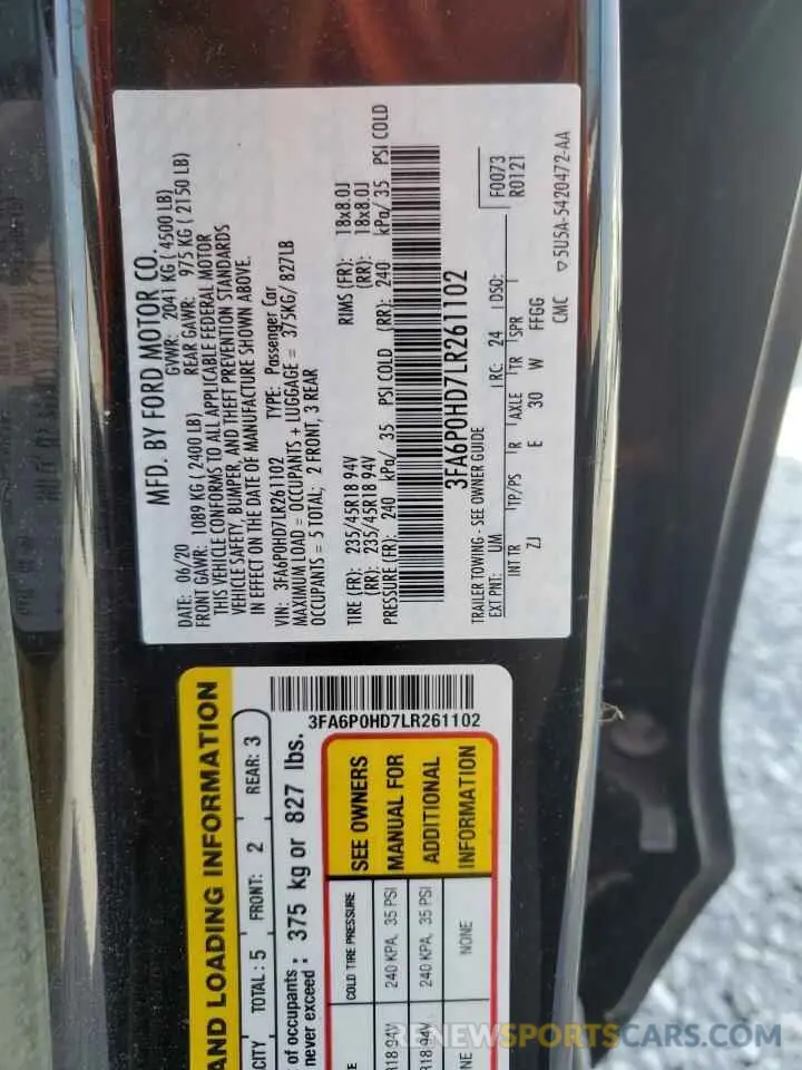 12 Photograph of a damaged car 3FA6P0HD7LR261102 FORD FUSION 2020