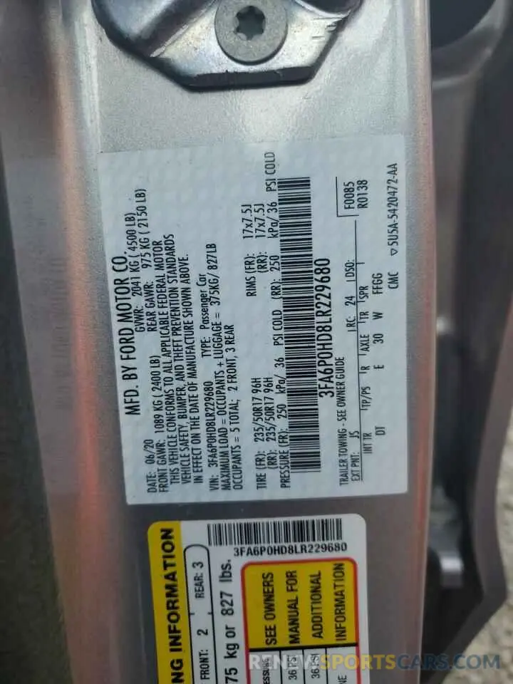 13 Photograph of a damaged car 3FA6P0HD8LR229680 FORD FUSION 2020