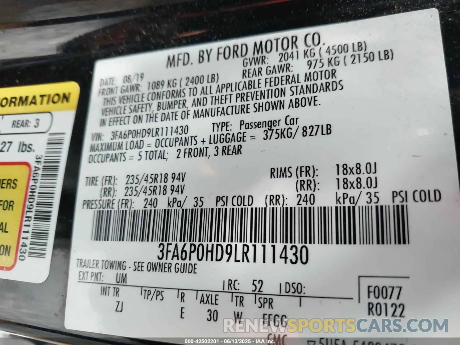 9 Photograph of a damaged car 3FA6P0HD9LR111430 FORD FUSION 2020
