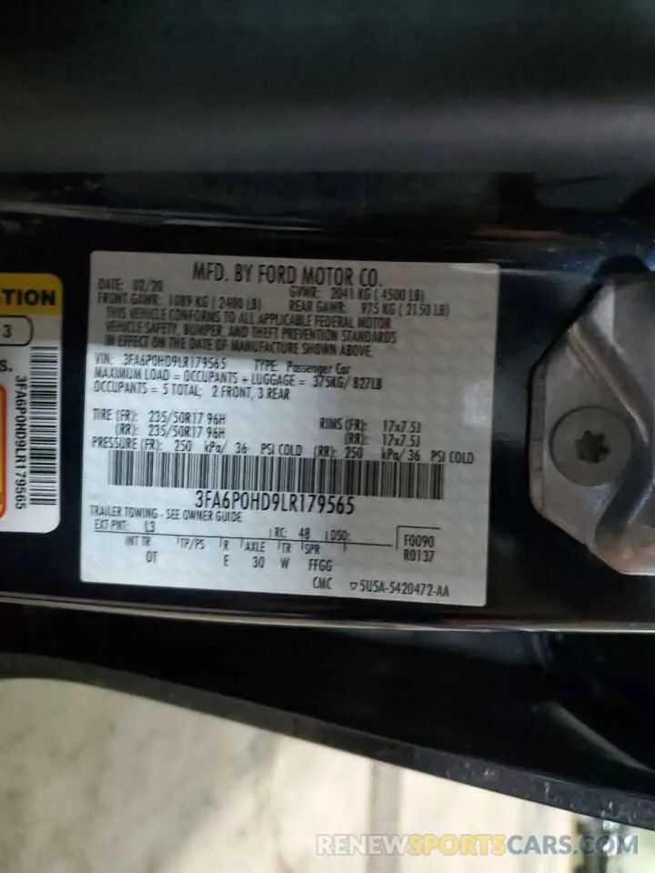 12 Photograph of a damaged car 3FA6P0HD9LR179565 FORD FUSION 2020
