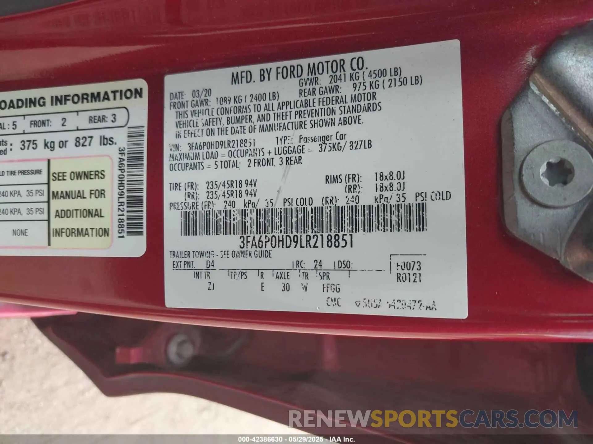 9 Photograph of a damaged car 3FA6P0HD9LR218851 FORD FUSION 2020