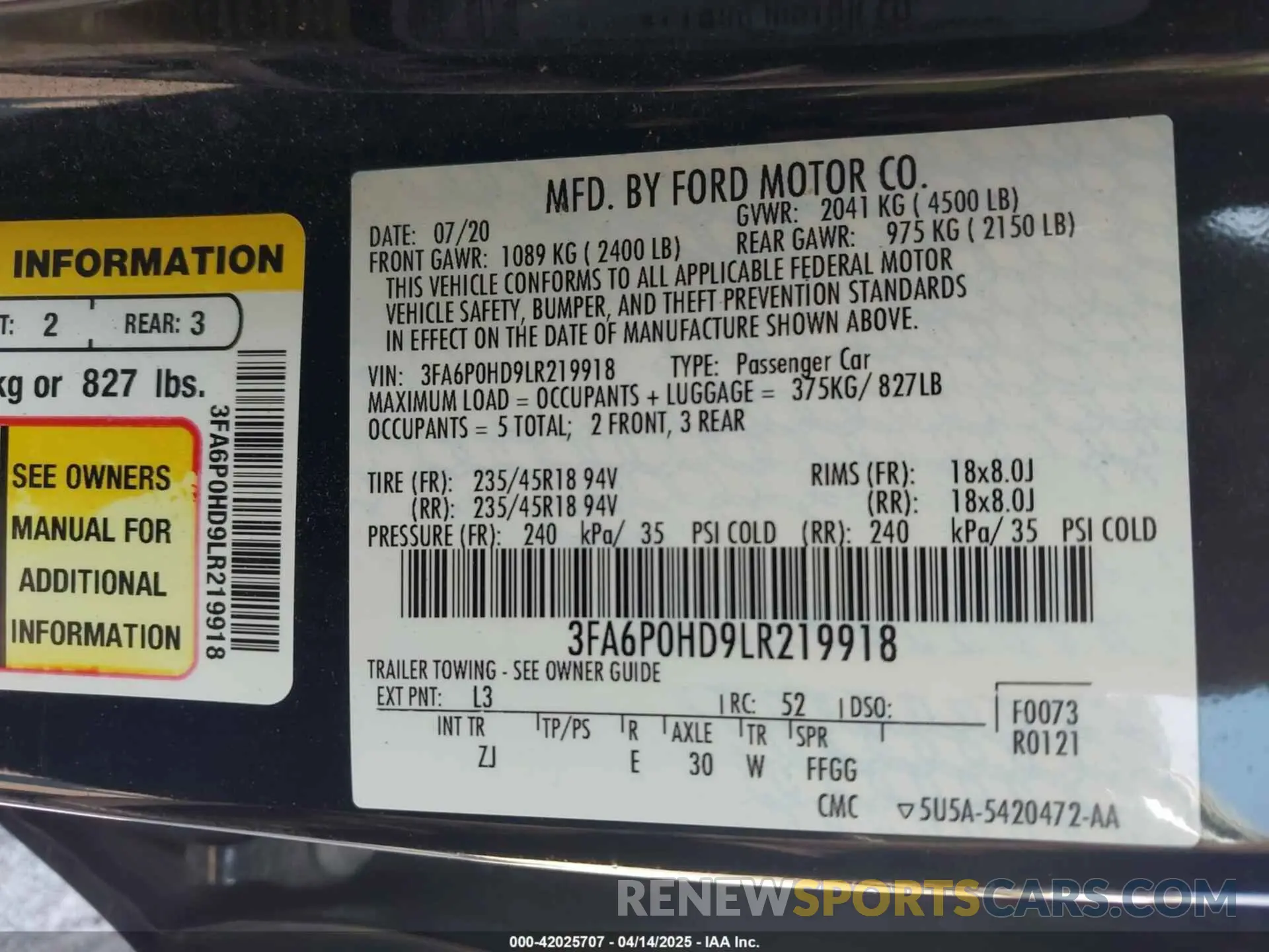 9 Photograph of a damaged car 3FA6P0HD9LR219918 FORD FUSION 2020