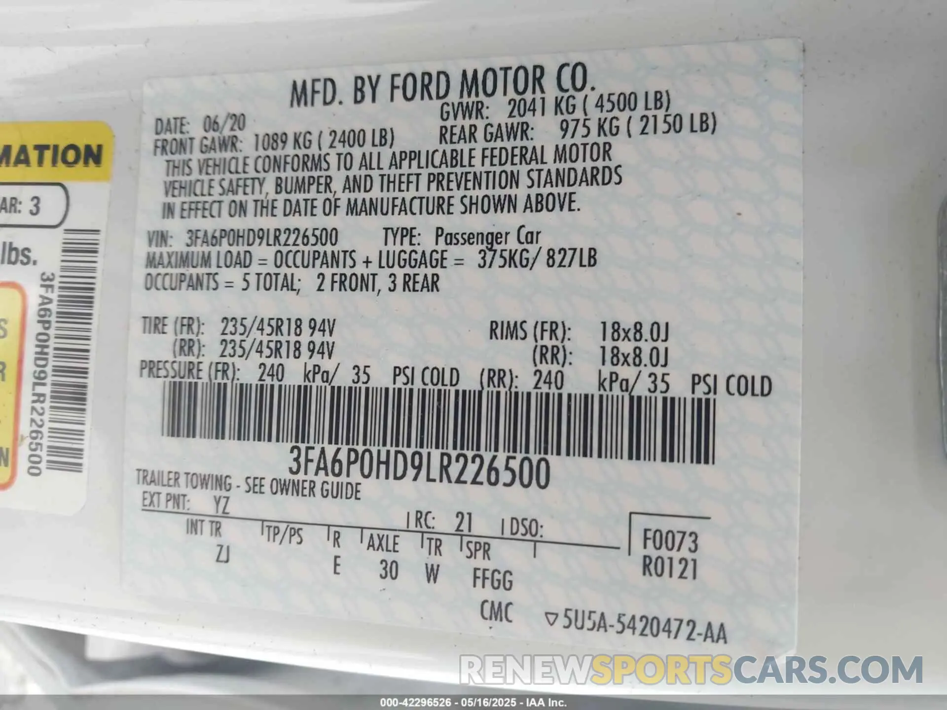 9 Photograph of a damaged car 3FA6P0HD9LR226500 FORD FUSION 2020