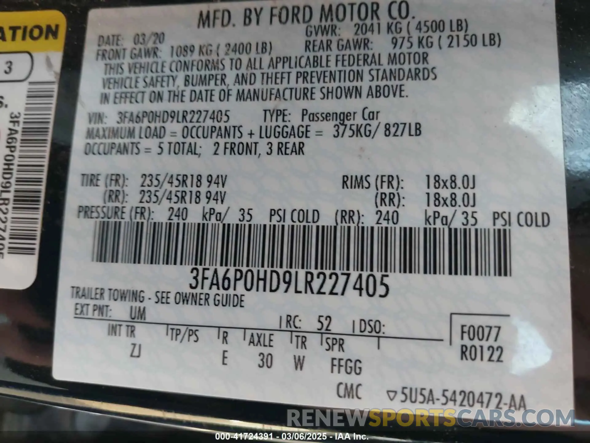 9 Photograph of a damaged car 3FA6P0HD9LR227405 FORD FUSION 2020