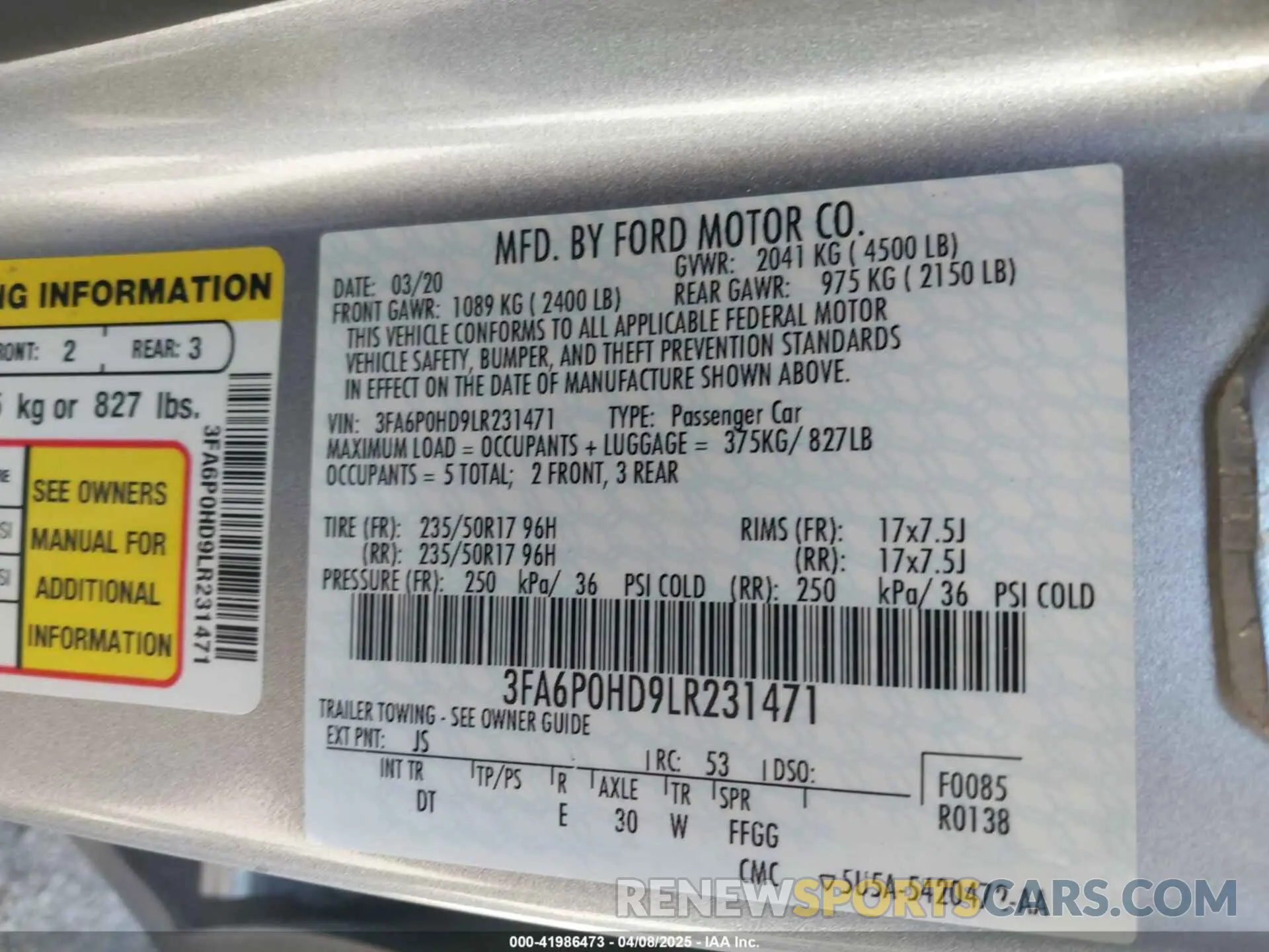 9 Photograph of a damaged car 3FA6P0HD9LR231471 FORD FUSION 2020