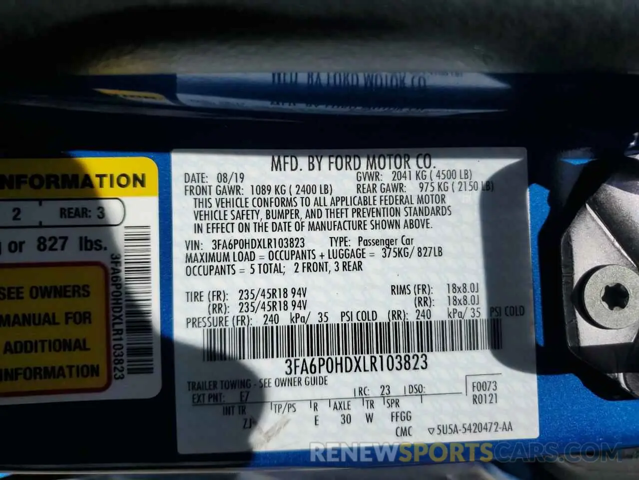 12 Photograph of a damaged car 3FA6P0HDXLR103823 FORD FUSION 2020